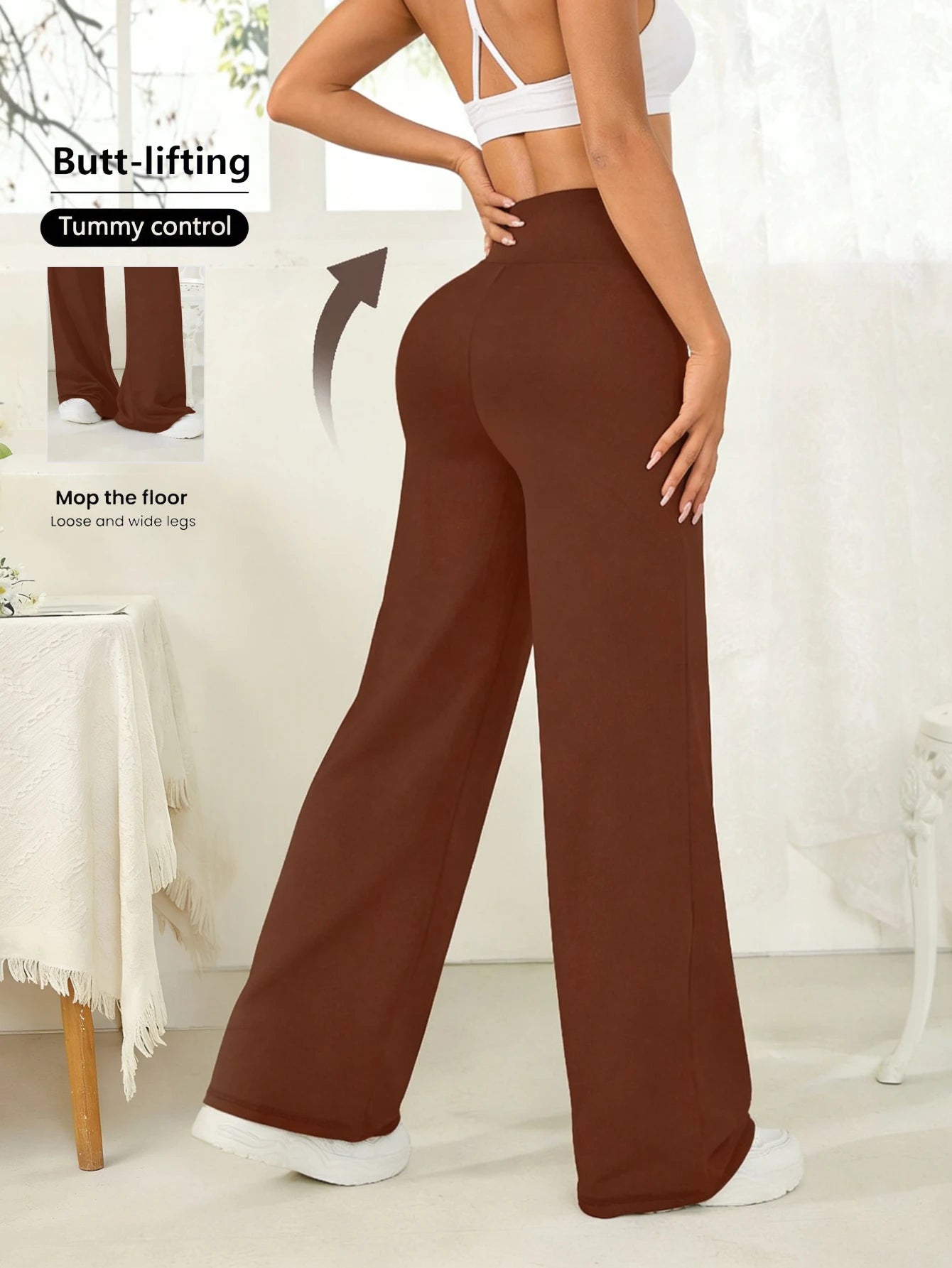 Spring Style Cozy Soft High-Rise Wide Leg Pants Summer Women Slimming Casual Trousers Brown Yoga Pants for Gym Daily Wear