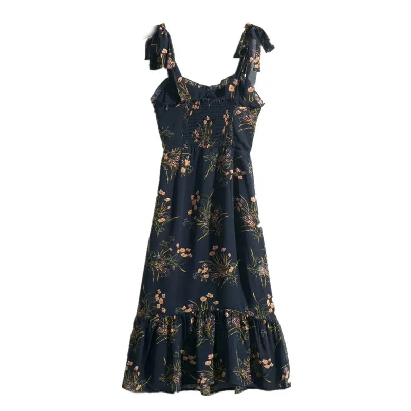 Vintage French Grass Floral Print Bandage Spaghetti Strap Ruffles Hem Midi Dress Retro Sexy Women Tie Bow Sling Summer Vestido