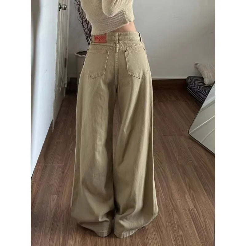 Women's American retro khaki curved jeans new wide leg pants Korean casual straight leg loose breasted work pants slimming pants