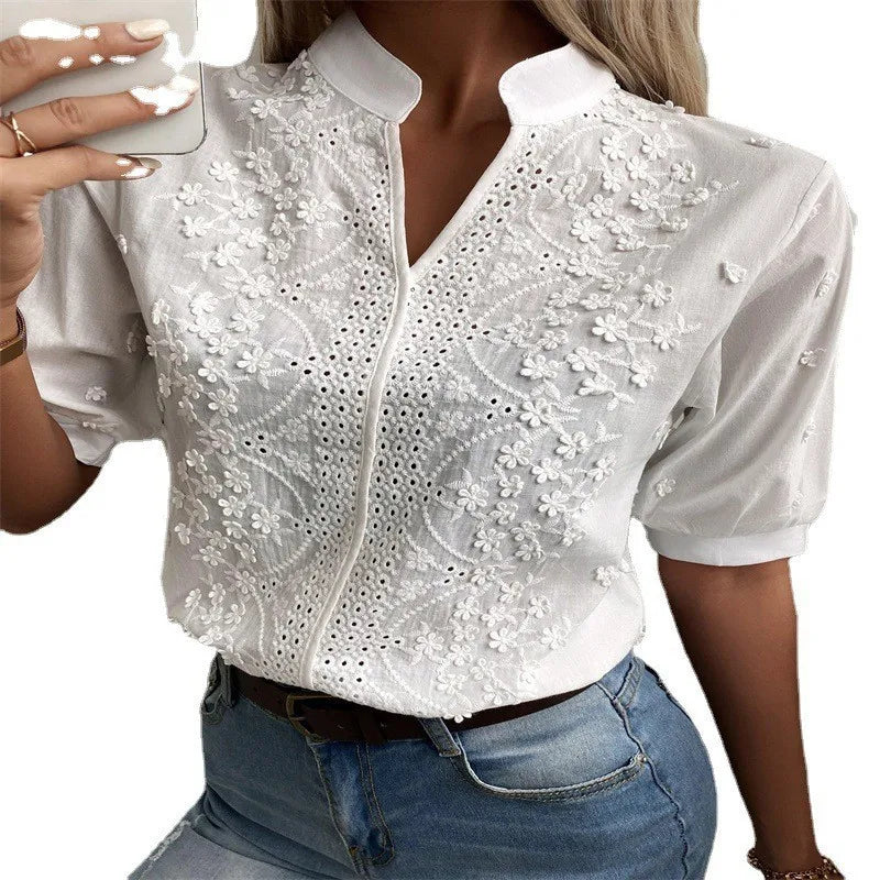 2026 Summer Women's Elegant Short Sleeve White Blouse - Vintage Cotton Crochet Hollow Out Embroidery Tops Fashion