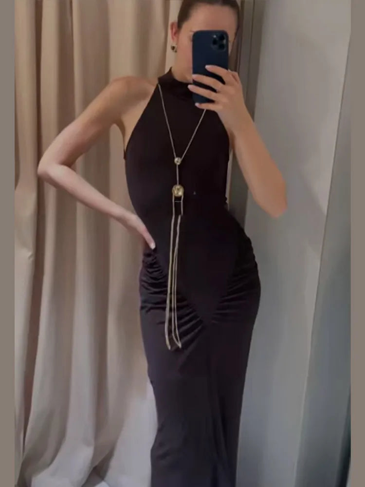 Women Metal Chain Pleated Halter Maxi Dress Fashion Patchwork Sleeveless Off Shoulder Slim Dresses Lady 2025 Evening Party Gowns
