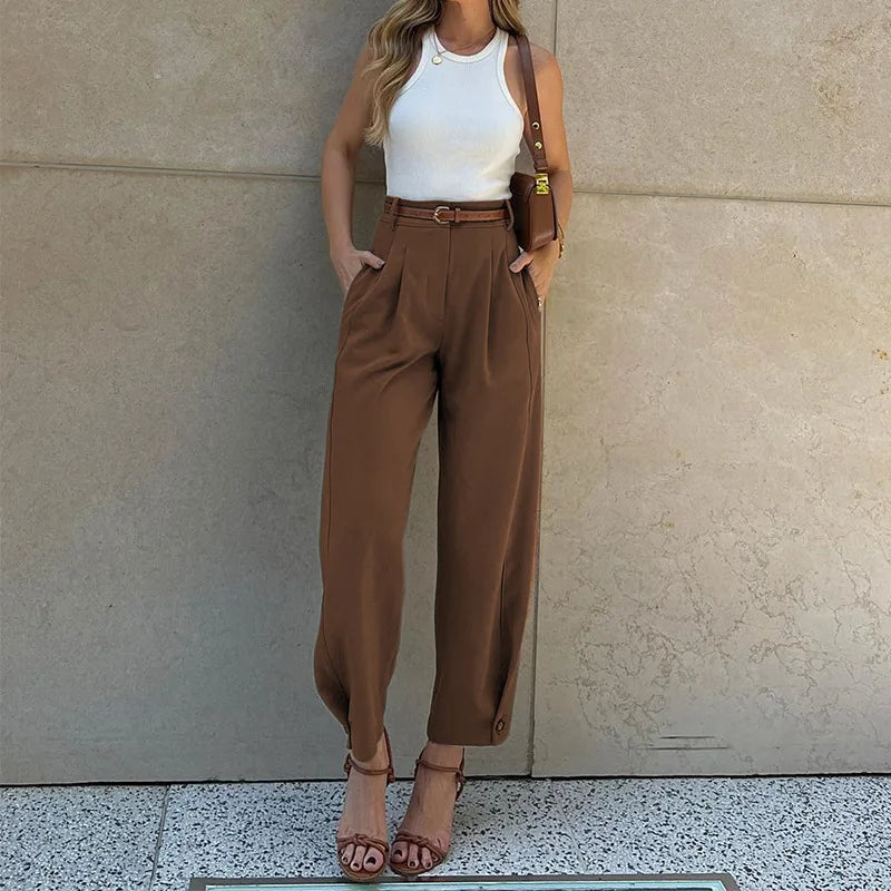 BAMBOOBOY Women Casual Office Lady Ankle Banded Pants Work Solid Color Tailored Draped Simple Ankle-Length Trousers with Pockets