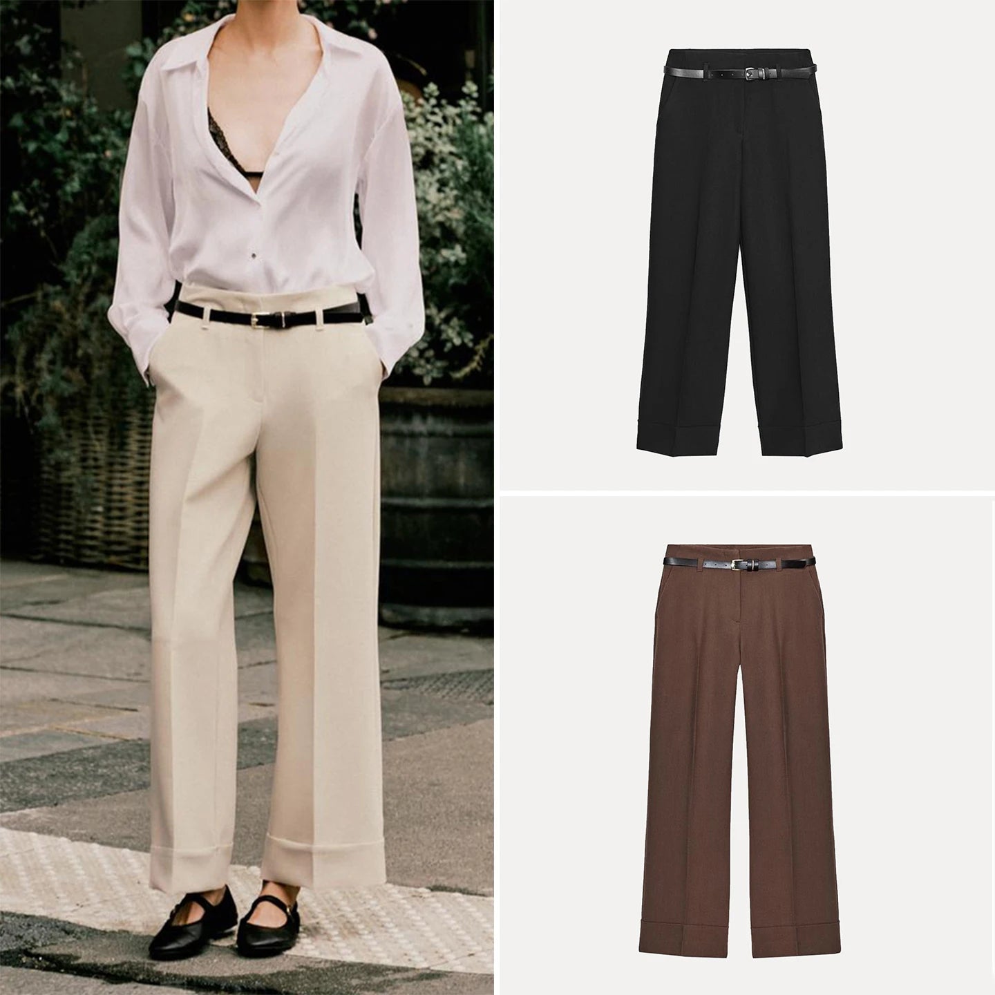 Z Women's Faion Personali Cuffed Pants with Belt High Waist Straight Leg Long Trousers Ele Lady Commute Sle