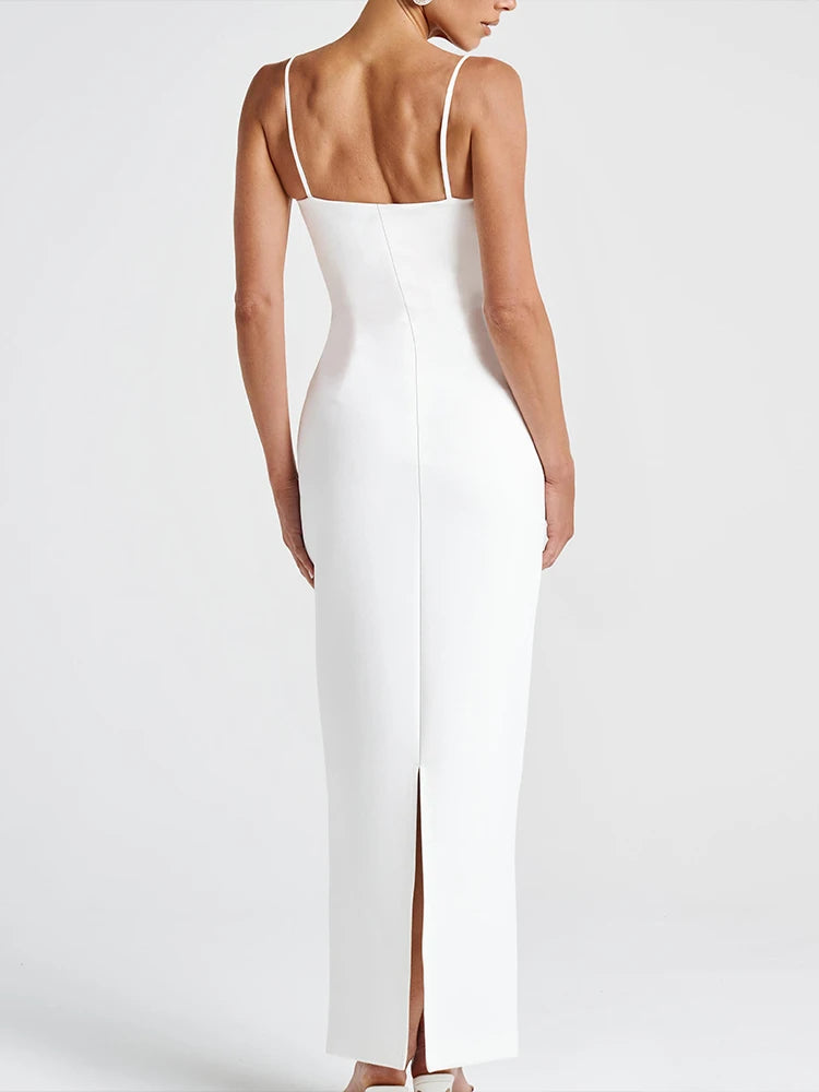 Weird Puss Pearl-Decorated Dress Women Sexy Solid Slim Slit Patchwork Spaghetti Strap Elegant Midnight Clubwear Party Vestidos