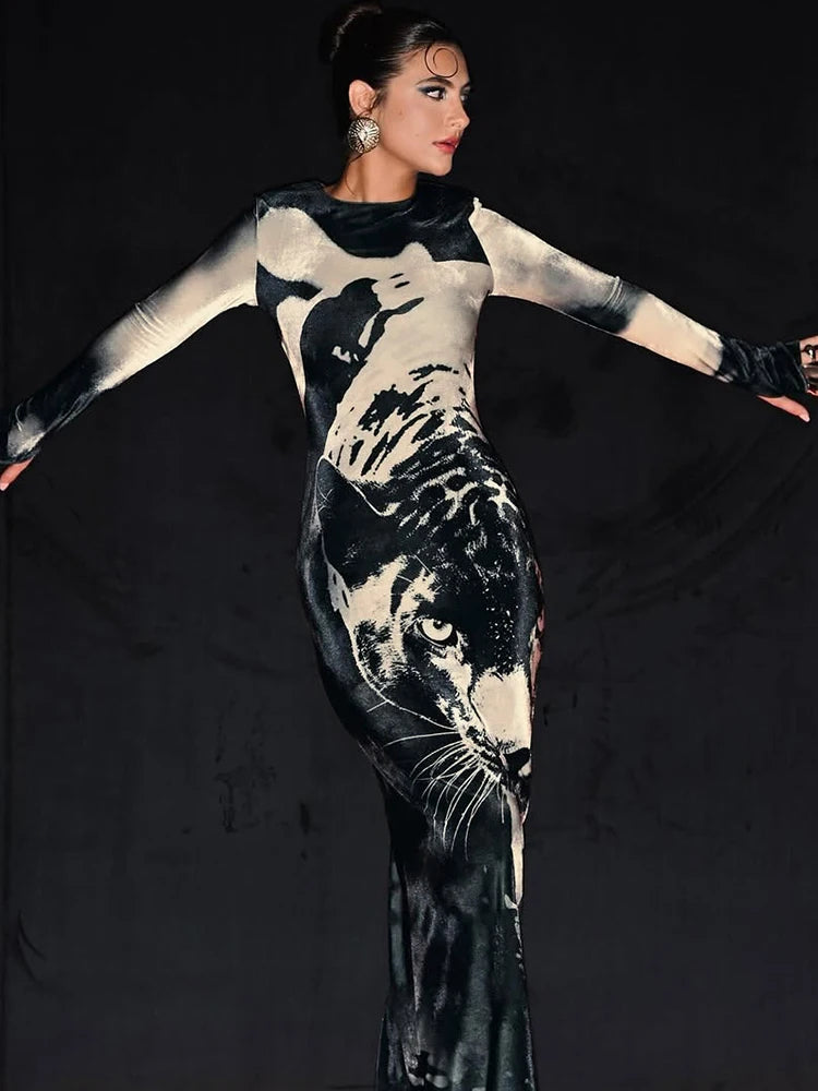 Weird Puss Fall Trend Dress Women Tiger Print Full Sleeve Skinny Tigh Streetwear Casual Hipster Stretch o-Neck Midnight Vestidos