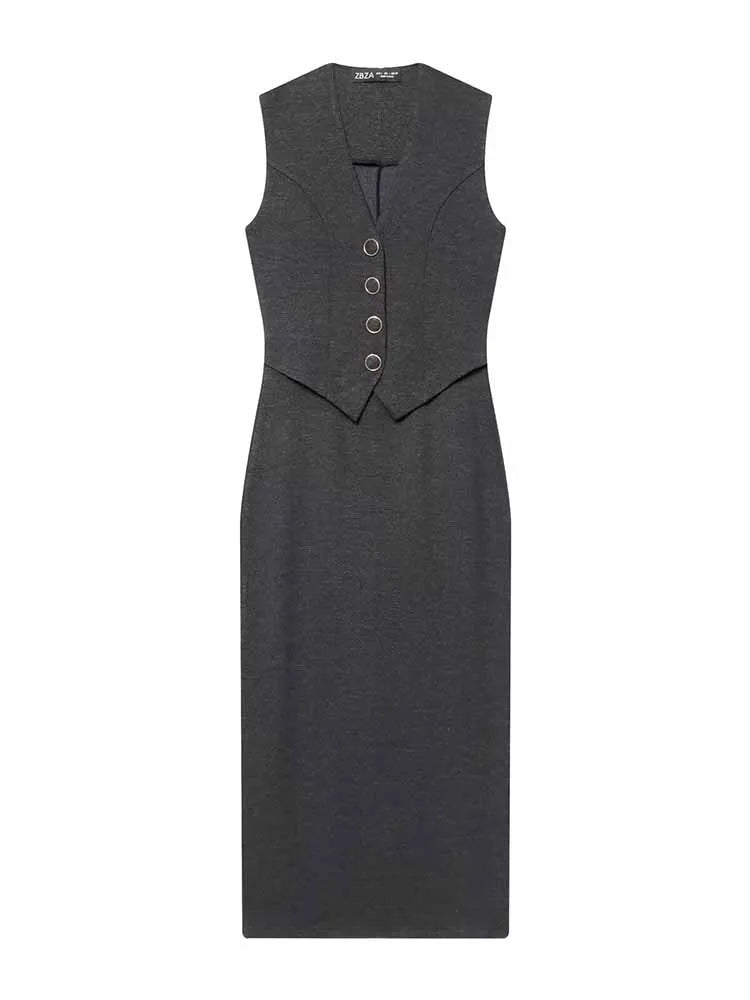 HH Woman Early Spring Solid Color Fake Two Piece Set V Collar Button Decoration Sleeveless Midi Dress Female Casual Slim Dress