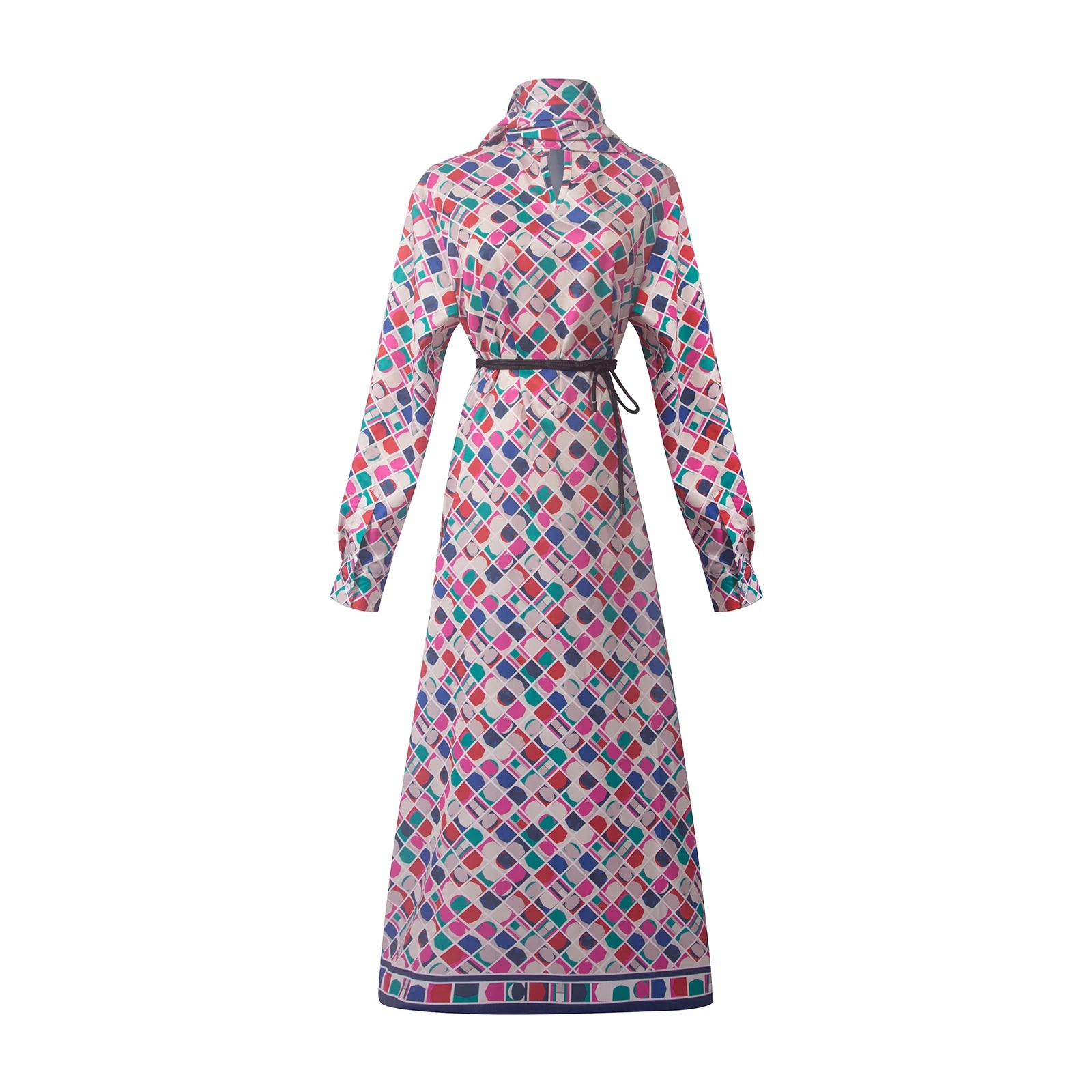 Women Vintage Printed Long Dresses 2025 New Fashion Women Long Sleeve Belt Midi Dress Ladies Elegant Party Dresses