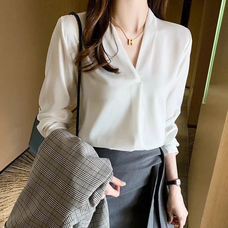 Spring Korean Style  Long Sleeve Shirt New Fashion Elegant White Chiffon Blouse Office-lady Loose Socialite Womens Tops 9382 50