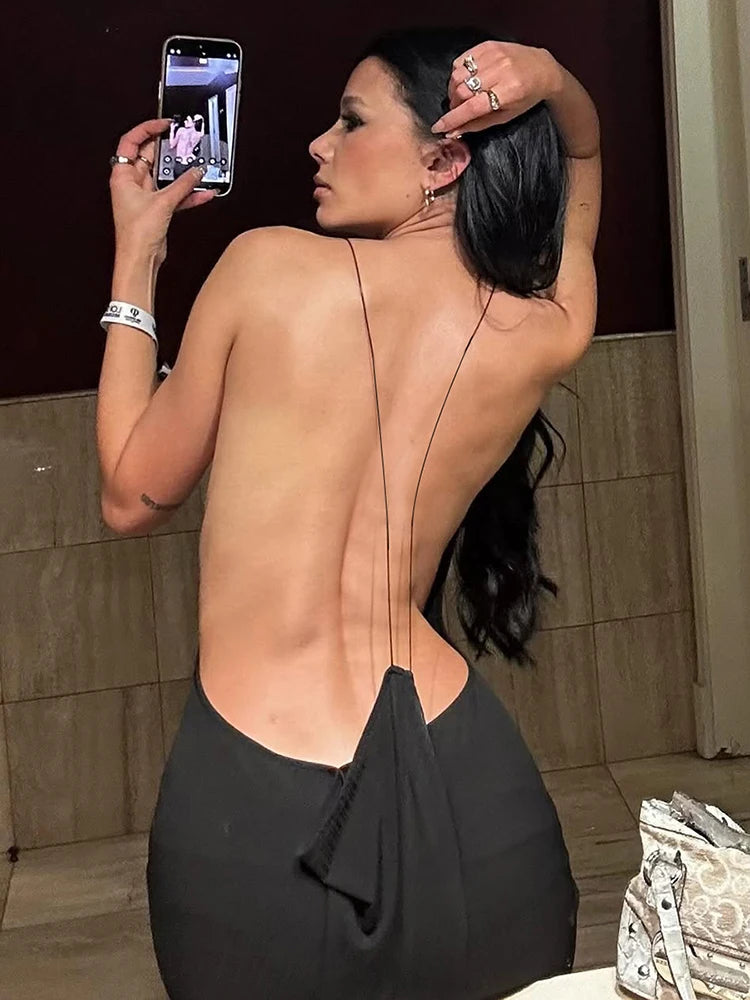 Sisterlinda Sexy Cross Backless Dress Women Trend Metal Cube Sleeveless Low-Neck Coquette Midnight Party Club Stretch Vestidos