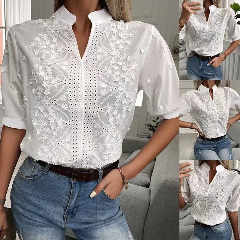 2026 Summer Women's Elegant Short Sleeve White Blouse - Vintage Cotton Crochet Hollow Out Embroidery Tops Fashion