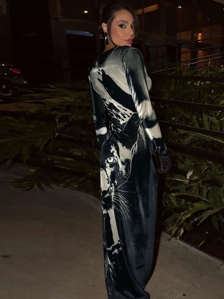 Weird Puss Fall Trend Dress Women Tiger Print Full Sleeve Skinny Tigh Streetwear Casual Hipster Stretch o-Neck Midnight Vestidos