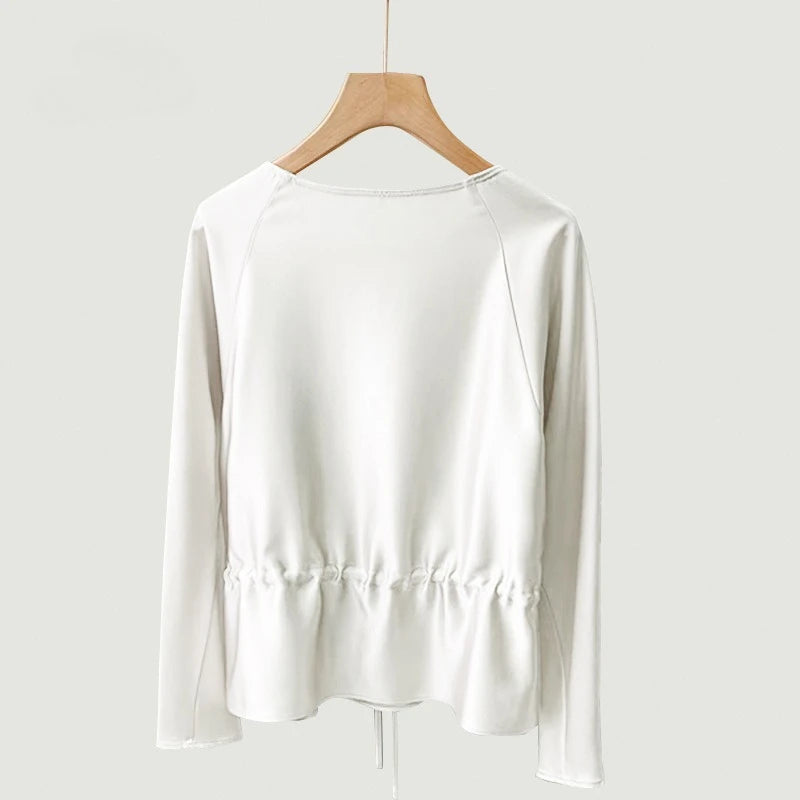 Silk Shirt Women's Summer New 100% Mulberry Silk Silk Crew Neck Top Drawstring Waist Looks Long Skinny Shirt