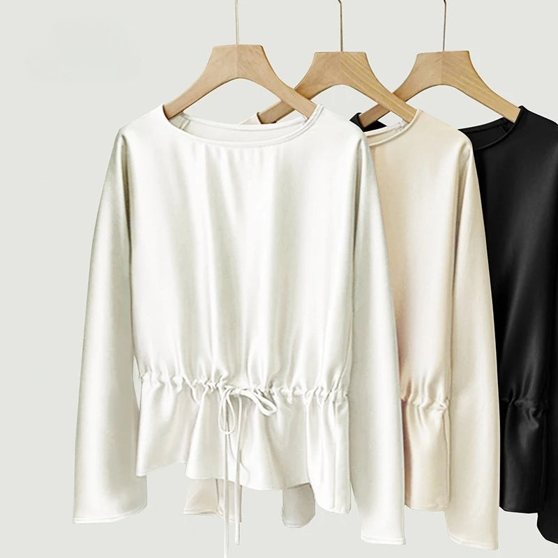 Silk Shirt Women's Summer New 100% Mulberry Silk Silk Crew Neck Top Drawstring Waist Looks Long Skinny Shirt