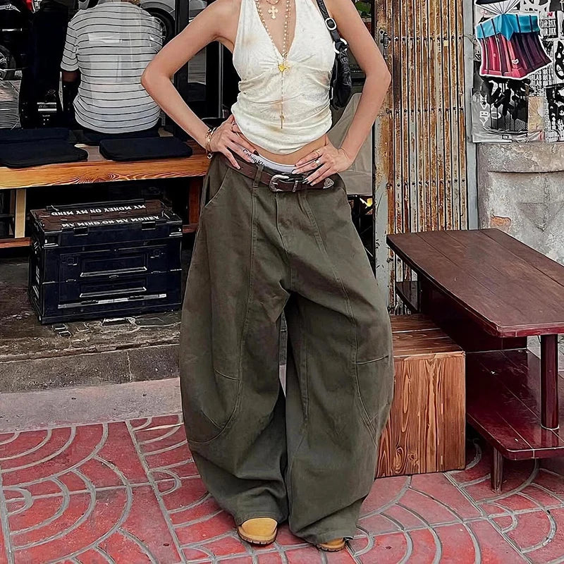 Women GreenY2k Baggy Jeans Harajuku 90s Vintage Bent Knife Denim Trousers Japanese 2000s Style Jeans Pants Oversize Clothes