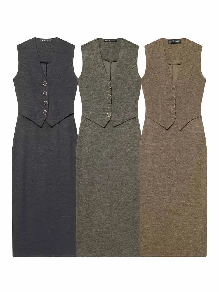 HH Woman Early Spring Solid Color Fake Two Piece Set V Collar Button Decoration Sleeveless Midi Dress Female Casual Slim Dress