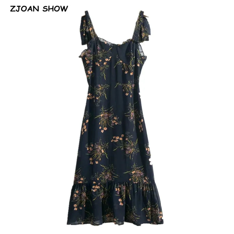 Vintage French Grass Floral Print Bandage Spaghetti Strap Ruffles Hem Midi Dress Retro Sexy Women Tie Bow Sling Summer Vestido